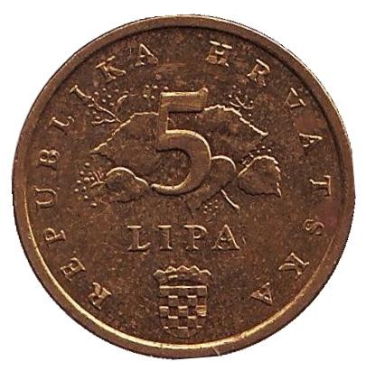 Монета 5 лип. 2004 год, Хорватия. Дуб черешчатый.