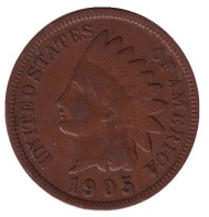 Монета 1 цент. 1905 год, США. Индеец.