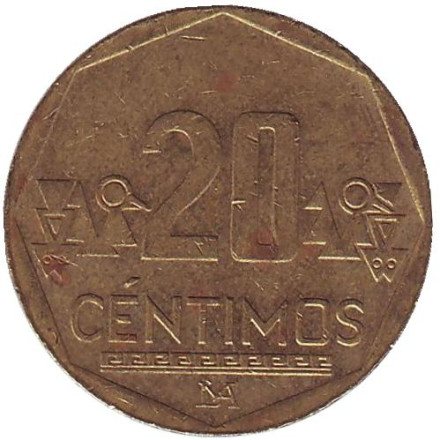 Монета 20 сентимов. 2009 год, Перу.