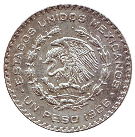 Монета 1 песо. 1966 год, Мексика. Хосе Мария Морелос. Монета 1 песо. 1966 год, Мексика. Хосе Мария Морелос.