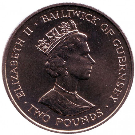 Монета 2 фунта. 1993 год, Гернси. 40 лет коронации Королевы Елизаветы II.