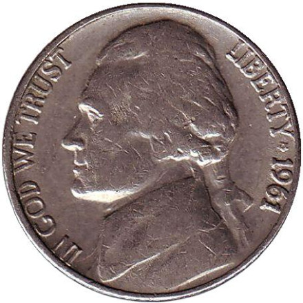 Монета 5 центов. 1961 год (D), США. Джефферсон. Монтичелло.