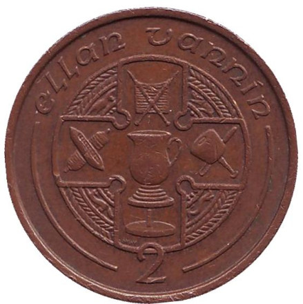 Монета 2 пенса. 1988 год, Остров Мэн. (AA) Кельтский крест.