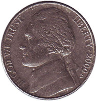 Монета 5 центов. 2000 год (D), США. Джефферсон. Монтичелло. Монета 5 центов. 2000 год (D), США. Джефферсон. Монтичелло.