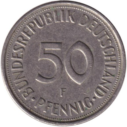 Монета 50 пфеннигов. 1985 год (F), ФРГ. Женщина, сажающая дуб. Монета 50 пфеннигов. 1985 год (F), ФРГ. Женщина, сажающая дуб.