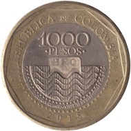 Монета 1000 песо. 2015 год, Колумбия. Морская черепаха.