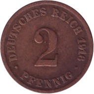 Монета 2 пфеннига. 1916 год (D), Германская империя. Монета 2 пфеннига. 1916 год (D), Германская империя.