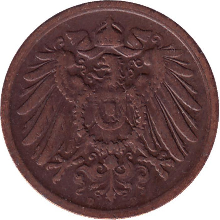 Монета 2 пфеннига. 1916 год (D), Германская империя. Монета 2 пфеннига. 1916 год (D), Германская империя.