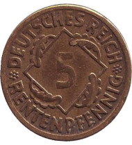Монета 5 рентенпфеннигов. 1924 (D) год, Веймарская республика. Монета 5 рентенпфеннигов. 1924 (D) год, Веймарская республика.