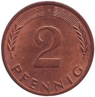 Монета 2 пфеннига. 1974 год (F), ФРГ. Дубовые листья. Монета 2 пфеннига. 1974 год (F), ФРГ. Дубовые листья.