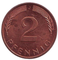 Монета 2 пфеннига. 1993 год (J), ФРГ. Дубовые листья. Монета 2 пфеннига. 1993 год (J), ФРГ. Дубовые листья.
