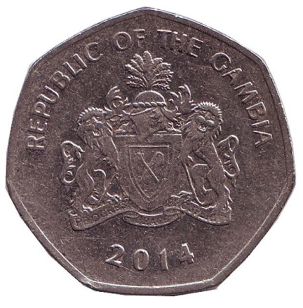 Монета 1 даласи. 2014 год, Гамбия. Африканский узкорылый крокодил.