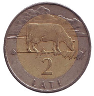 Монета 2 лата, 1999 год, Латвия. Из обращения. Корова. Монета 2 лата, 1999 год, Латвия. Из обращения. Корова.