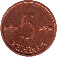 Монета 5 пенни. 1977 год, Финляндия. (медь). Нечастая! Состояние - aUNC. Монета 5 пенни. 1977 год, Финляндия. (медь). Нечастая! Состояние - aUNC.