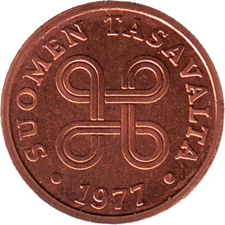 Монета 5 пенни. 1977 год, Финляндия. (медь). Нечастая! Состояние - aUNC.