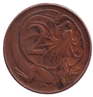 Монета 2 цента. 1969 год, Австралия. Плащеносная ящерица. Монета 2 цента. 1969 год, Австралия. Плащеносная ящерица.
