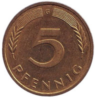 Монета 5 пфеннигов. 1993 год (G), ФРГ. Дубовые листья. Монета 5 пфеннигов. 1993 год (G), ФРГ. Дубовые листья.