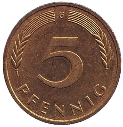 Монета 5 пфеннигов. 1993 год (G), ФРГ. Дубовые листья.