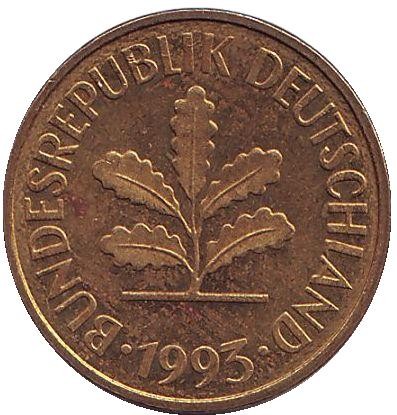 Монета 5 пфеннигов. 1993 год (G), ФРГ. Дубовые листья. Монета 5 пфеннигов. 1993 год (G), ФРГ. Дубовые листья.