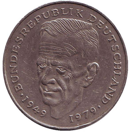 Монета 2 марки. 1990 год (J), ФРГ. Курт Шумахер.