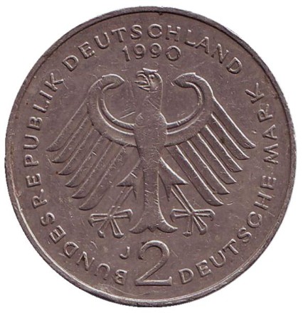 Монета 2 марки. 1990 год (J), ФРГ. Курт Шумахер. Монета 2 марки. 1990 год (J), ФРГ. Курт Шумахер.