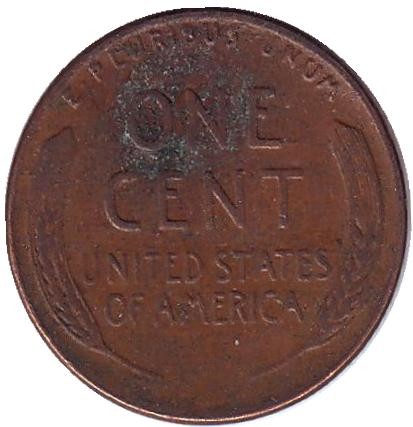 Монета 1 цент. 1954 год, США. (без отметки монетного двора) Линкольн.