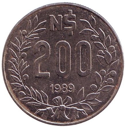 Монета 200 новых песо. 1989 год, Уругвай. Монета 200 новых песо. 1989 год, Уругвай.