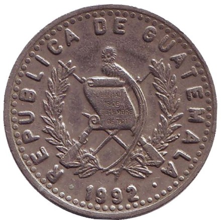 Монета 25 сентаво. 1992 год, Гватемала. Индианка. Монета 25 сентаво. 1992 год, Гватемала. Индианка.