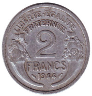 Монета 2 франка. 1944 год, Франция. Монета 2 франка. 1944 год, Франция.