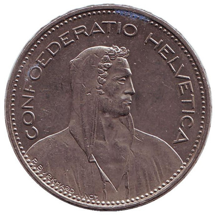 Монета 5 франков. 1994 год, Швейцария. Вильгельм Телль.