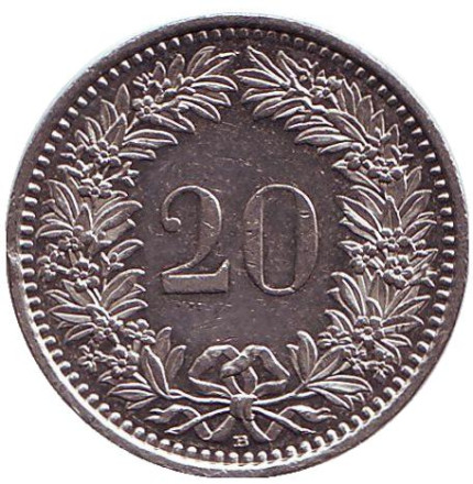 Монета 20 раппенов. 2003 год, Швейцария.