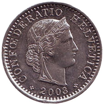 Монета 20 раппенов. 2003 год, Швейцария. Монета 20 раппенов. 2003 год, Швейцария.