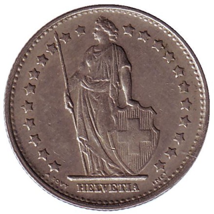 Монета 1 франк. 1968 (В) год, Швейцария. Гельвеция. Монета 1 франк. 1968 (В) год, Швейцария. Гельвеция.