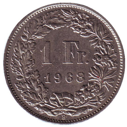 Монета 1 франк. 1968 (В) год, Швейцария. Гельвеция.