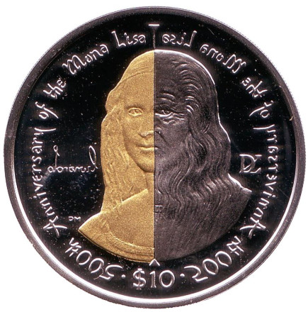 Монета 10 долларов. 2006 год, Британские Виргинские острова. Мона Лиза (Джоконда). 500 лет картине Леонардо да Винчи.