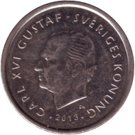 Монета 1 крона. 2013 год, Швеция. 40 лет правления Короля Карла XVI Густава. Монета 1 крона. 2013 год, Швеция. 40 лет правления Короля Карла XVI Густава.