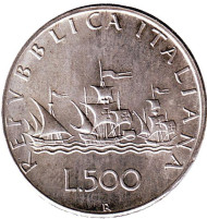 Монета 500 лир. 1960 год, Италия. Корабли Колумба. Монета 500 лир. 1960 год, Италия. Корабли Колумба.