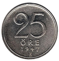 Монета 25 эре. 1947 год, Швеция. (Тонкая "7") Монета 25 эре. 1947 год, Швеция. (Тонкая "7")