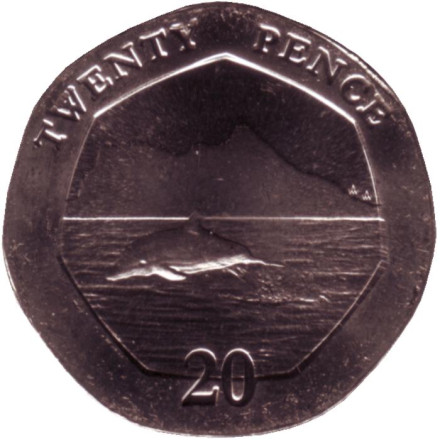 Монета 20 пенсов. 2020 год, Гибралтар. Дельфин.