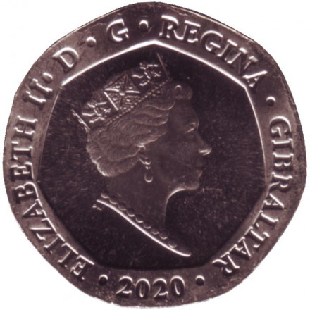 Монета 20 пенсов. 2020 год, Гибралтар. Дельфин.