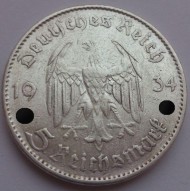 Монета 5 рейхсмарок. 1934 год, Германия (Третий Рейх). (F). Кирха с датой. Монета 5 рейхсмарок. 1934 год, Германия (Третий Рейх). (F). Кирха с датой.