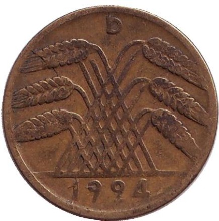 Монета 10 рейхспфеннигов. 1924 (D) год, Веймарская республика.