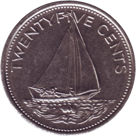 Монета 25 центов. 1977 год, Багамские острова. Парусник.
