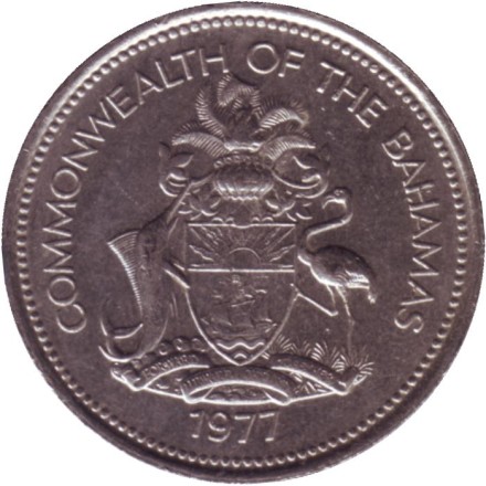 Монета 25 центов. 1977 год, Багамские острова. Парусник. Монета 25 центов. 1977 год, Багамские острова. Парусник.