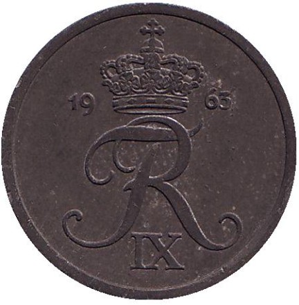 Монета 2 эре. 1963 год, Дания. (цинк). Монета 2 эре. 1963 год, Дания. (цинк).