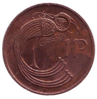Монета 1 пенни. 1986 год, Ирландия. Птица. Ирландская арфа.