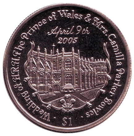 Монета 1 доллар. 2005 год, Британские Виргинские острова. Свадьба Принца Уэльского и Камиллы Паркер-Боулз.