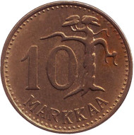 Монета 10 марок. 1958 год, Финляндия. (Тип 2. "Большая "1") Монета 10 марок. 1958 год, Финляндия. (Тип 2. "Большая "1")