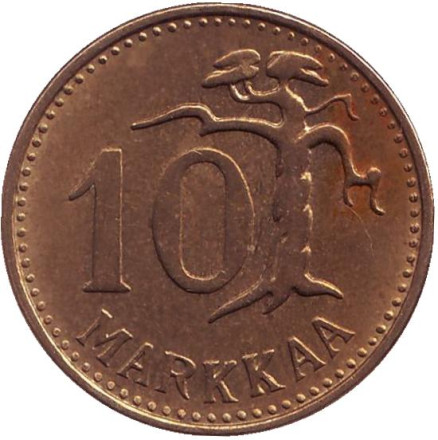 Монета 10 марок. 1958 год, Финляндия. (Тип 2. "Большая "1")