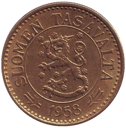 Монета 10 марок. 1958 год, Финляндия. (Тип 2. "Большая "1")